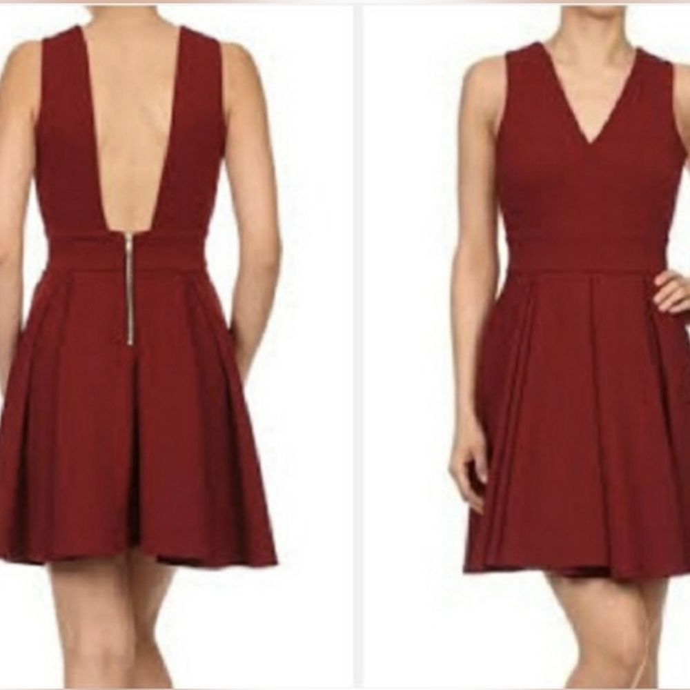 Haute monde maroon v neck low back skate flare dress